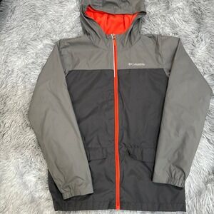 Columbia Raincoat Hooded Gray Black Orange Nylon Youth Large 14/16 Unisex